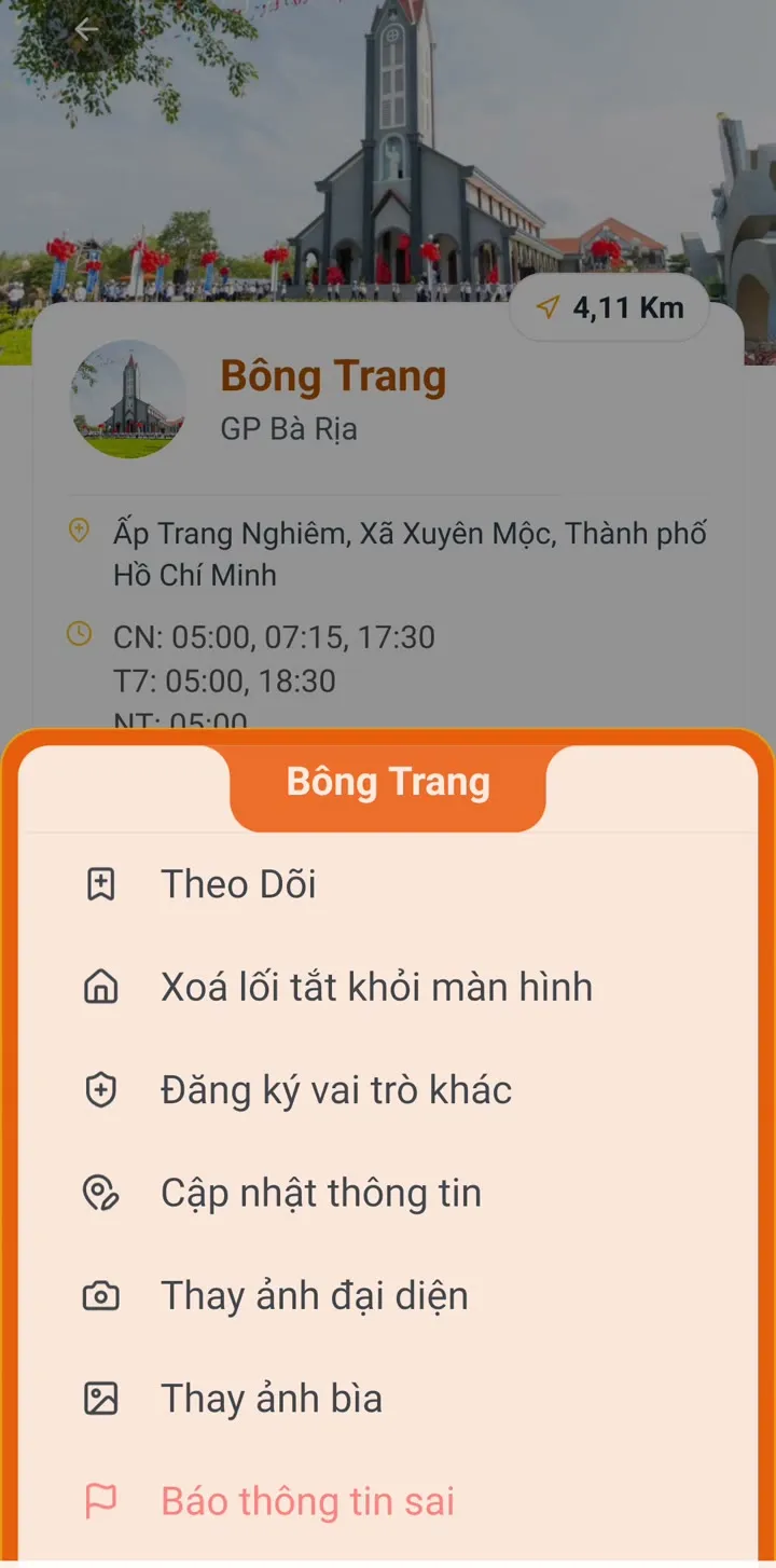 Menu trang giáo xứ: theo dõi, lối tắt, đăng ký vai trò, cập nhật thông tin, báo thông tin sai