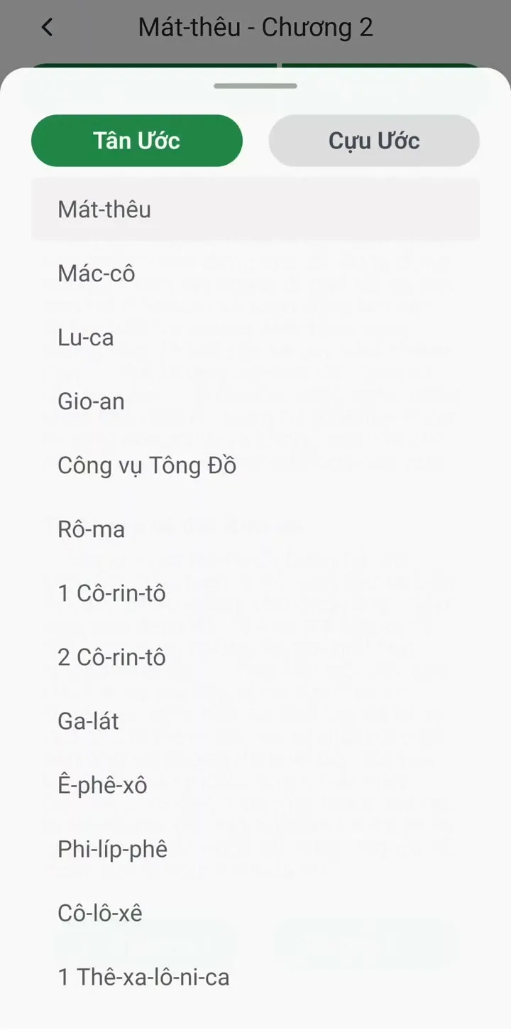Bảng chọn sách Kinh Thánh chia hai thẻ Tân Ước và Cựu Ước