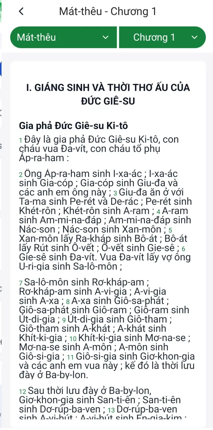 Sách Mát-thêu chương 1 với tiêu đề đoạn Gia phả Đức Giê-su Ki-tô và số câu