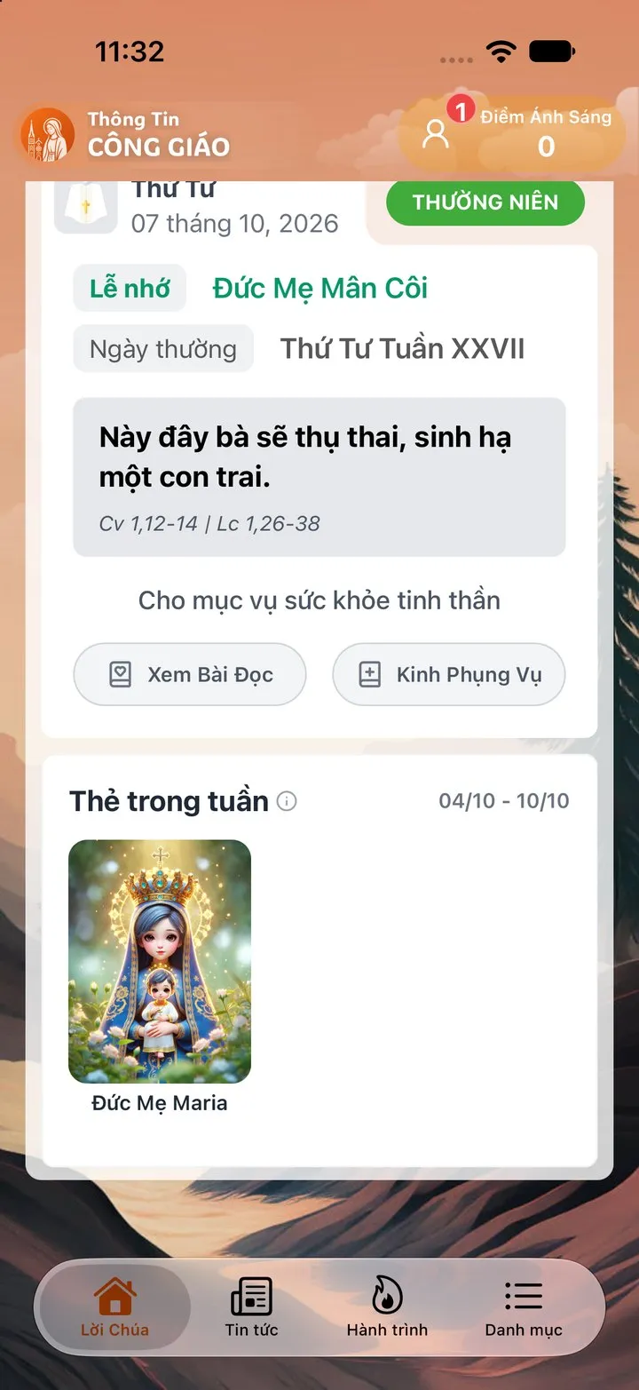 Thẻ lịch tuần trong ứng dụng ghi ngày lễ nhớ Đức Mẹ Mân Côi, mùa Thường Niên
