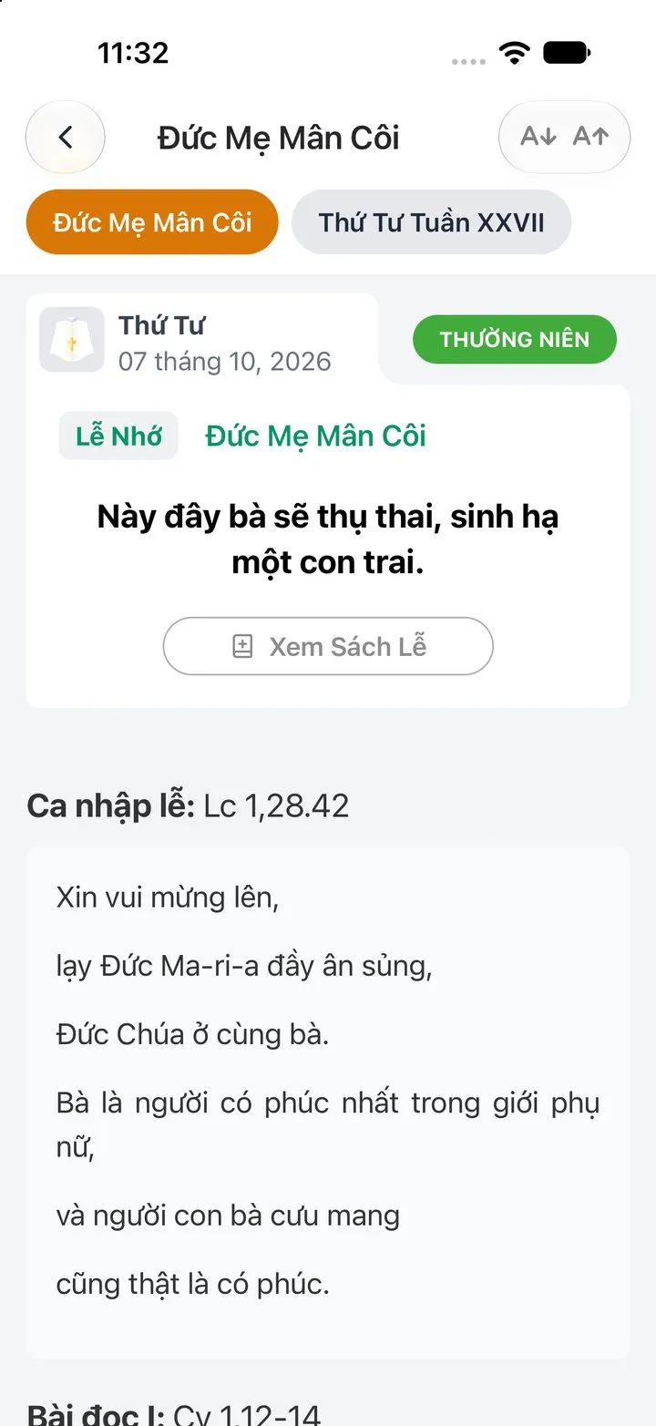Màn hình Lời Chúa mỗi ngày trong ứng dụng Thông Tin Công Giáo