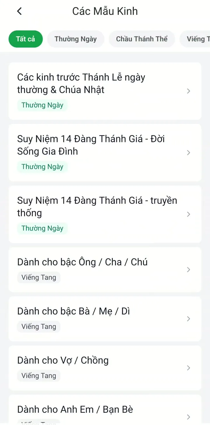 Danh sách Các Mẫu Kinh với bộ lọc Tất cả, Thường Ngày, Chầu Thánh Thể và nhãn nhóm của từng bài