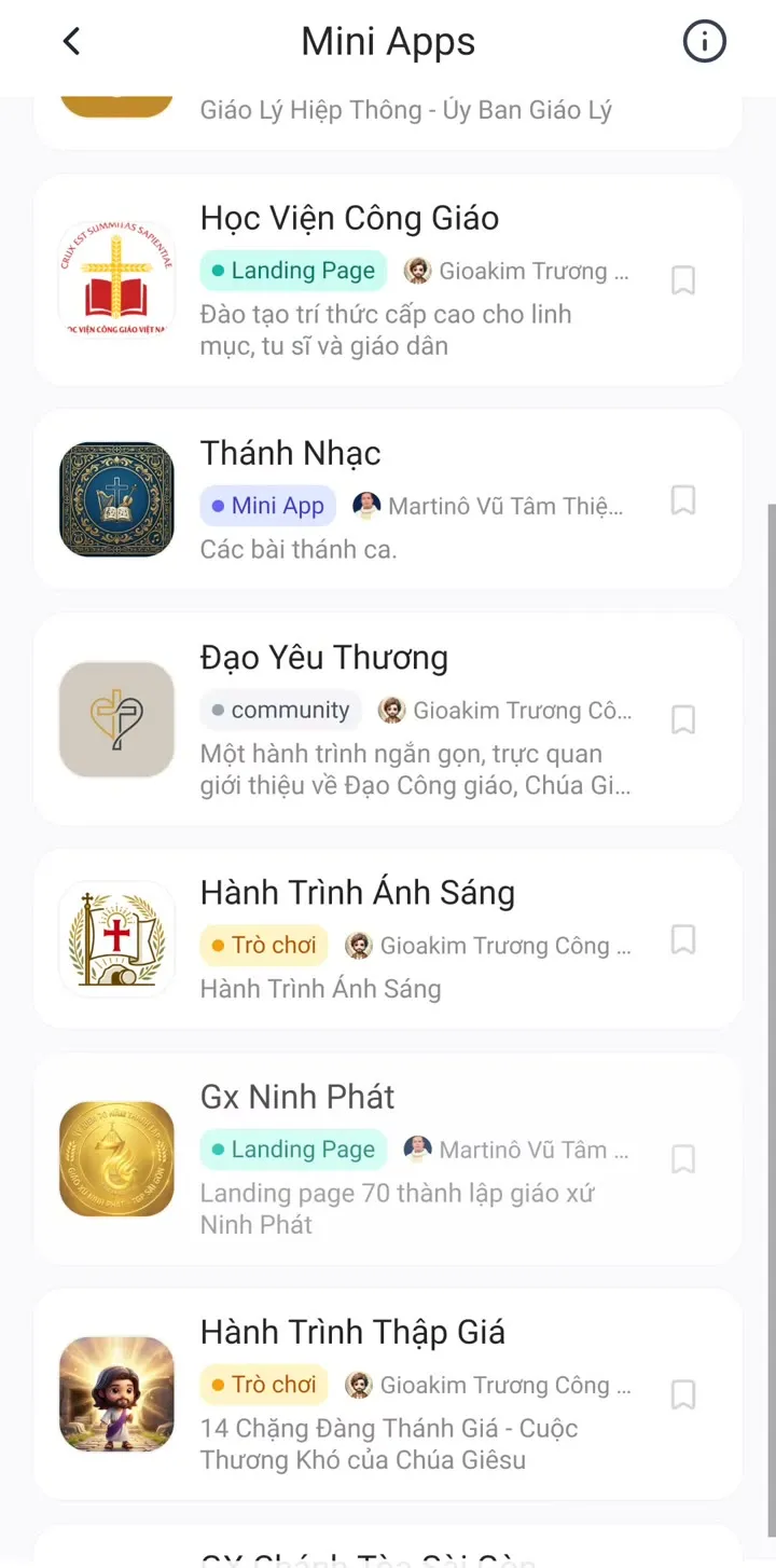 Các mini app Học Viện Công Giáo, Thánh Nhạc, Đạo Yêu Thương, Hành Trình Ánh Sáng, Gx Ninh Phát, Hành Trình Thập Giá