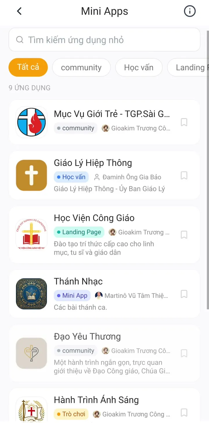 Kho Mini Apps với ô tìm kiếm, các danh mục và danh sách app như Mục Vụ Giới Trẻ, Giáo Lý Hiệp Thông