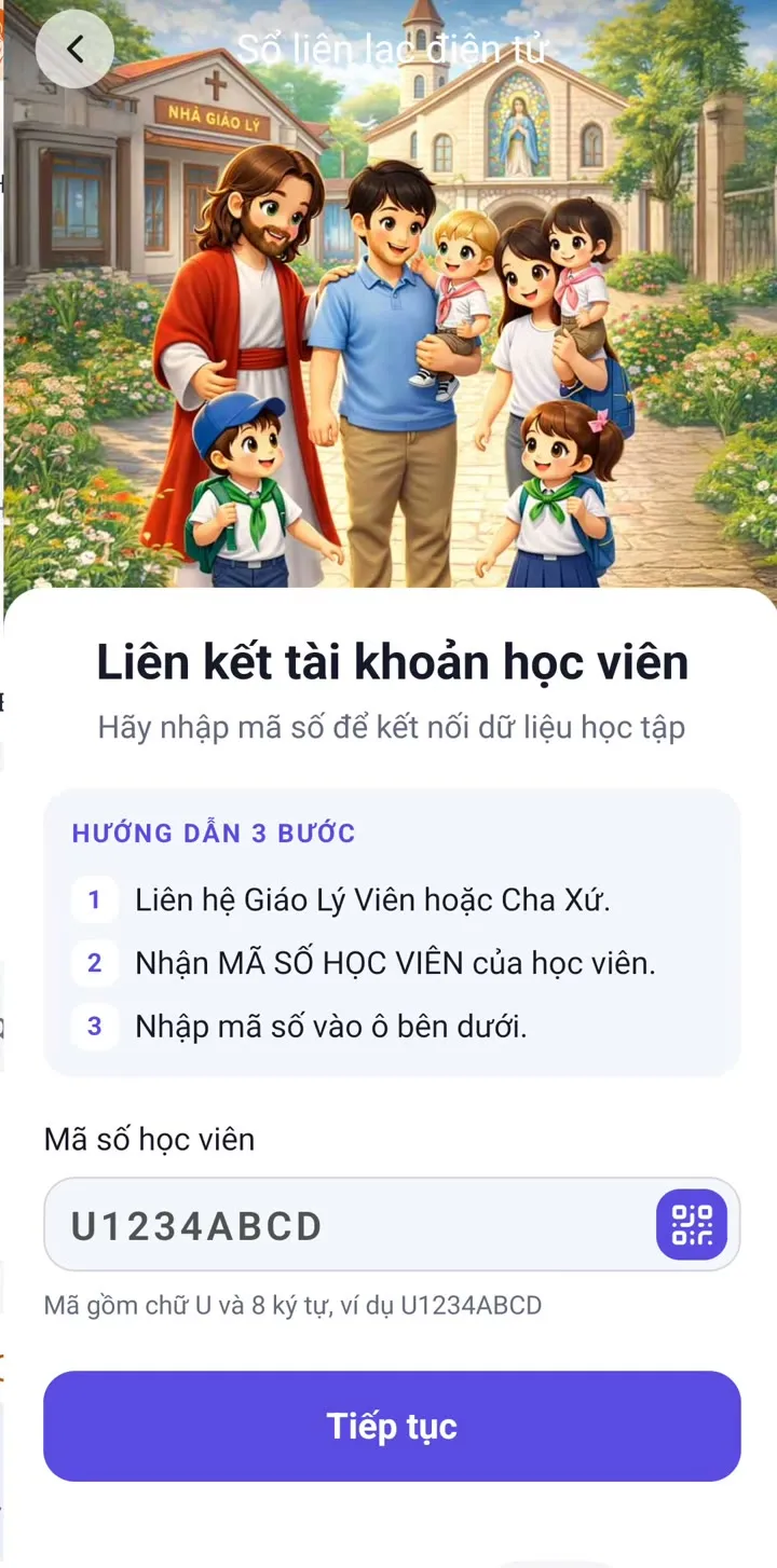 Màn hình Liên kết tài khoản học viên với hướng dẫn 3 bước và ô nhập mã số học viên