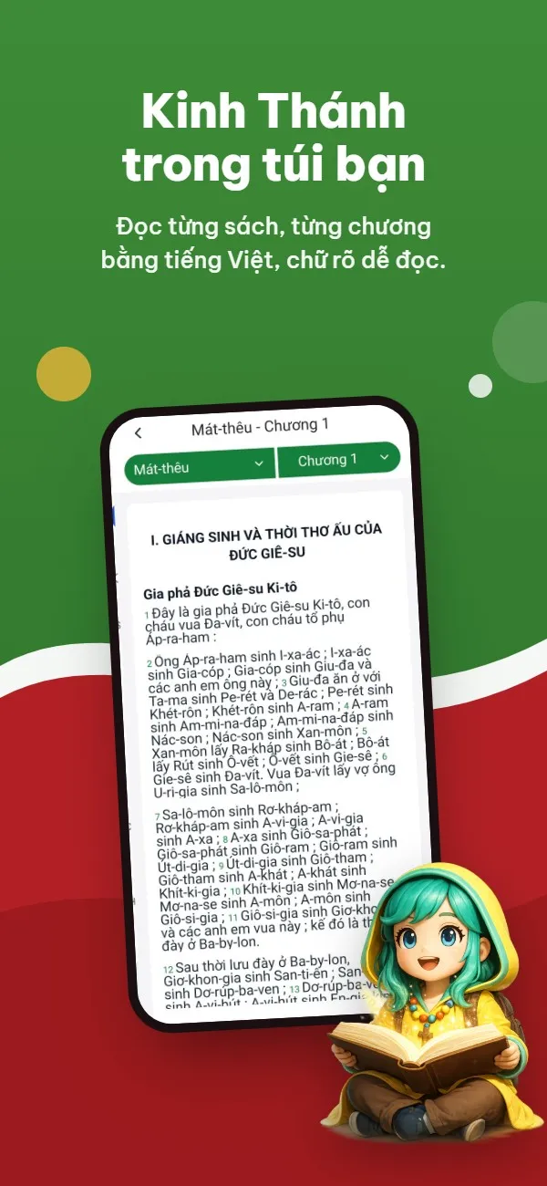Màn hình Kinh Thánh sách Mát-thêu chương 1 trong ứng dụng Thông Tin Công Giáo