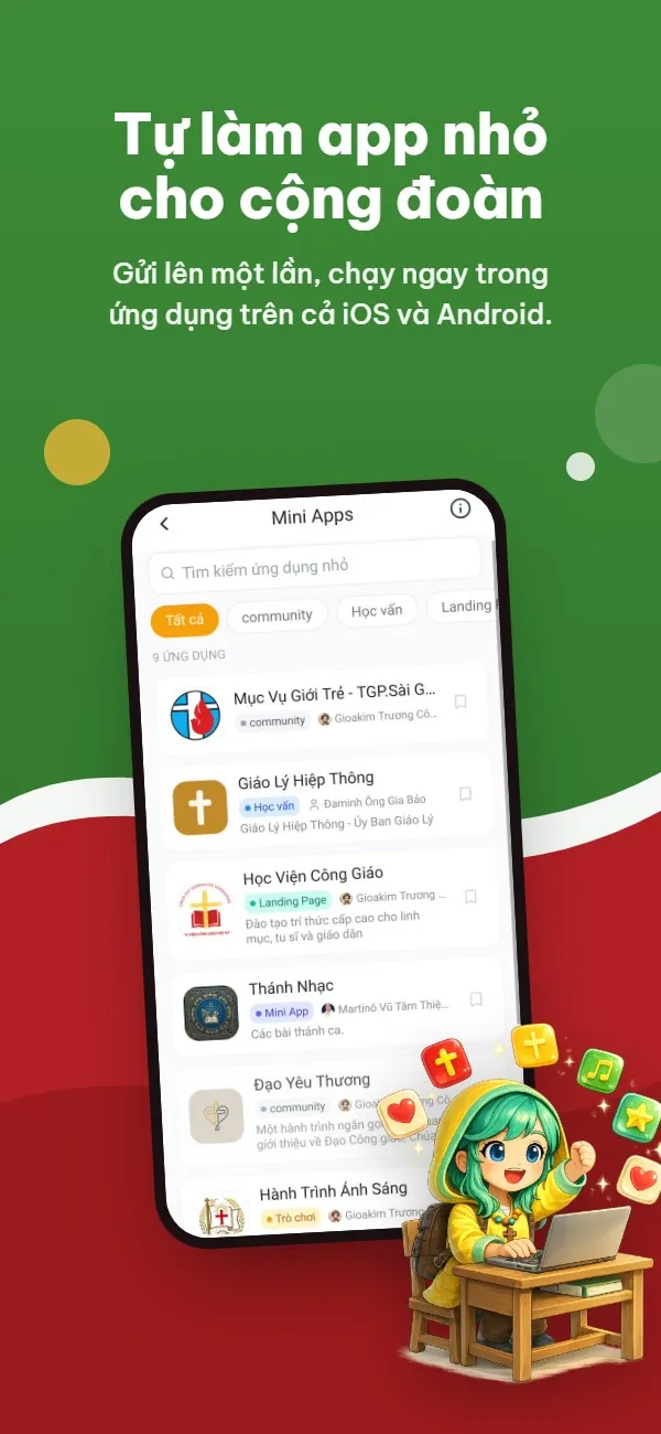 Kho Mini Apps trong ứng dụng Thông Tin Công Giáo với các app của giáo xứ và cộng đoàn