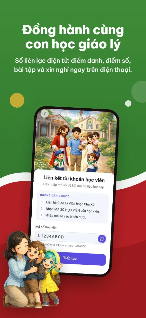 Màn hình Liên kết tài khoản học viên trong Sổ liên lạc điện tử của ứng dụng Thông Tin Công Giáo