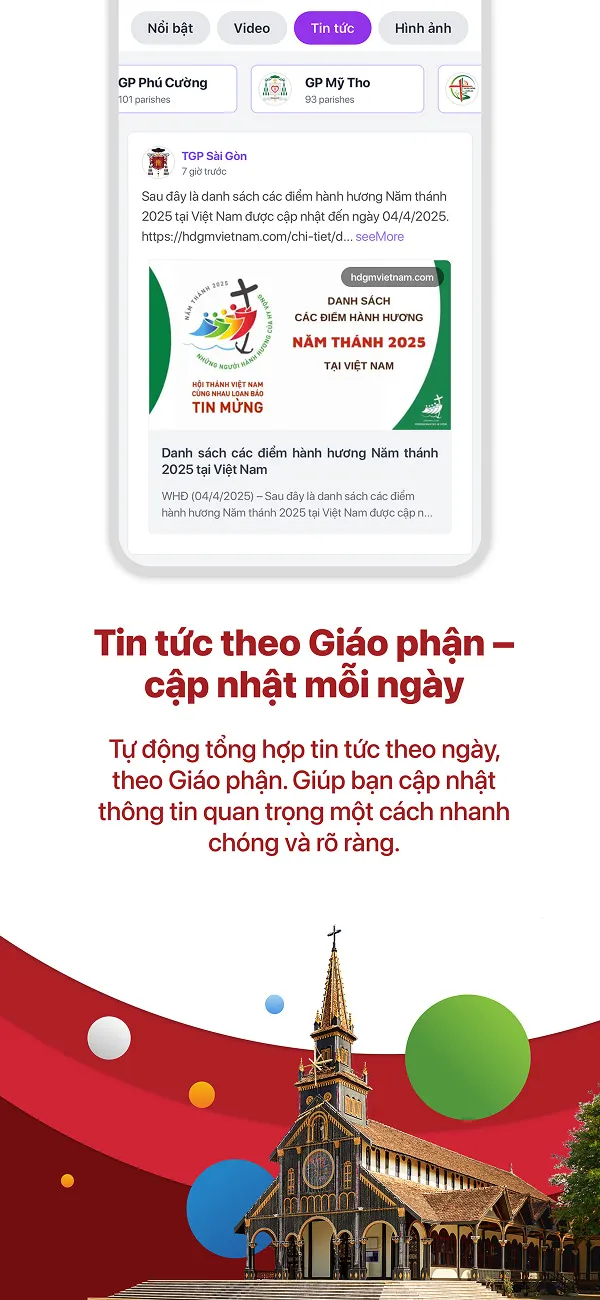 Màn hình tin tức theo giáo phận trong ứng dụng Thông Tin Công Giáo
