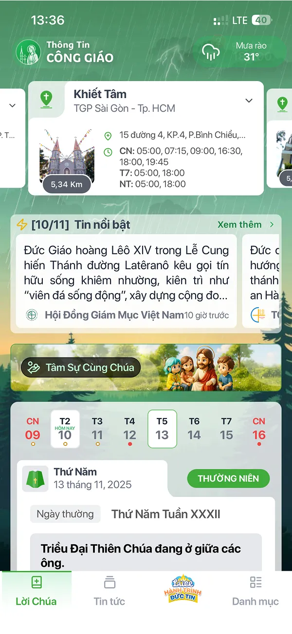Trang chủ ứng dụng với mục Tin nổi bật và thẻ nhà thờ gần nhất